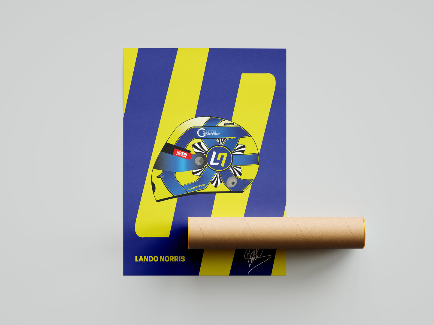 Lando Norris F1 2022 Helmet - Blue/Yellow Background Poster