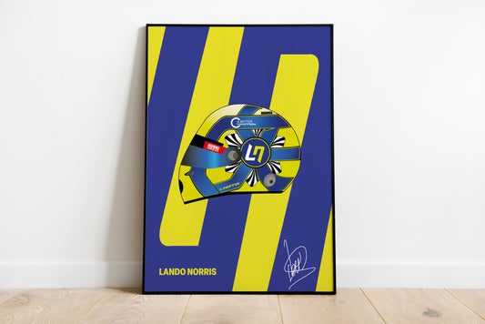 Lando Norris F1 2022 Helmet - Blue/Yellow Background Poster