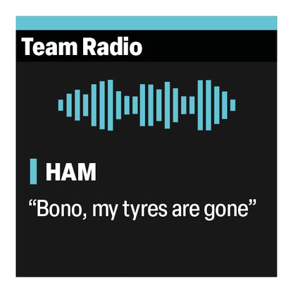 Lewis Hamilton "Bono, my tyres are gone" F1 Radio Message Sticker